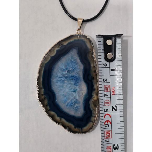 Blue Agate Slice Pendant Necklace | Natural Stone | Adjustable Cord - Picture 10 of 16